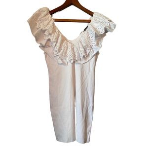 Zara White Straight Dress with Eyelet and Ruffled Detail